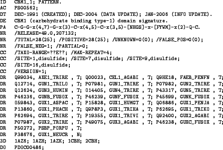 \begin{figure}
\scriptsize {
\begin{center}
\begin{verbatim}
ID CBM1_1; PAT...
... 1AZK; 1CBH; 2CBH;
DO PDOC00486;\end{verbatim}
\end{center}
}
\end{figure}