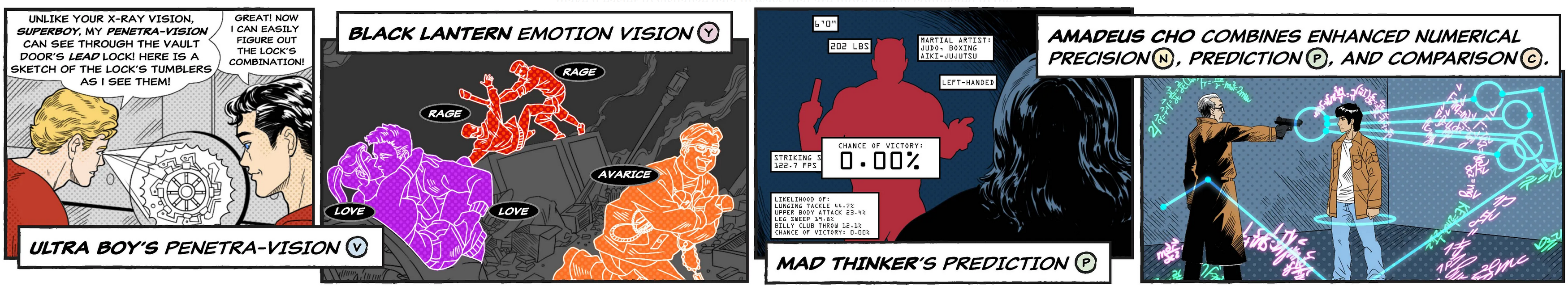 Examples of superpowers. Ultra Boy's penetra-vision, Black lanterns emotion vision, mad thinker prefiction, Amadeux Cho's multi powers