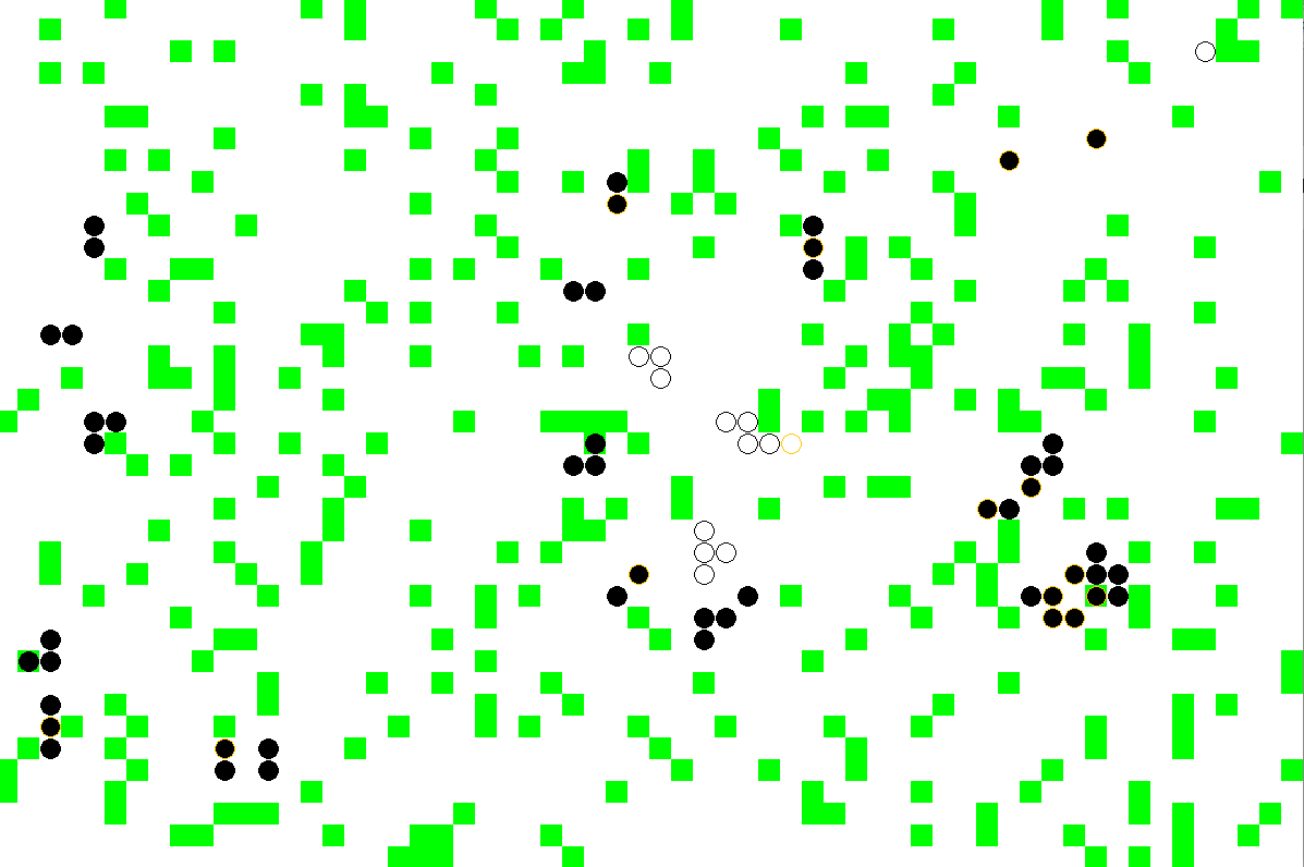 Une image du système dynamique : un grand rectangle blanc avec des petits carrés vers et des petits ronds blancs et noirs